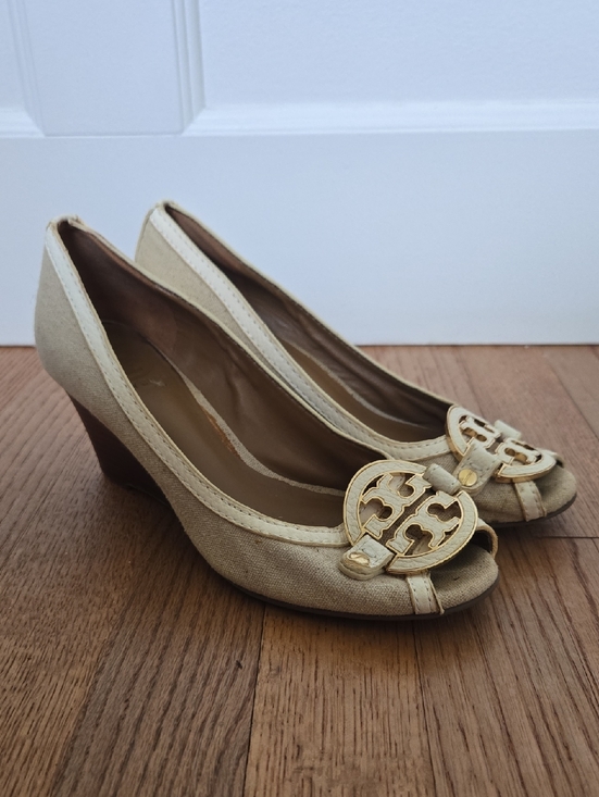 Tory Burch Shoes - Tory Burch Amands Natural Canvas Peep-Toe Wedges with Gold Logo 7.5